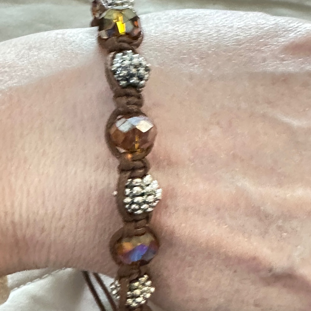 Brown cord adjustable Golden Rainbow Crystals & beaded bracelet